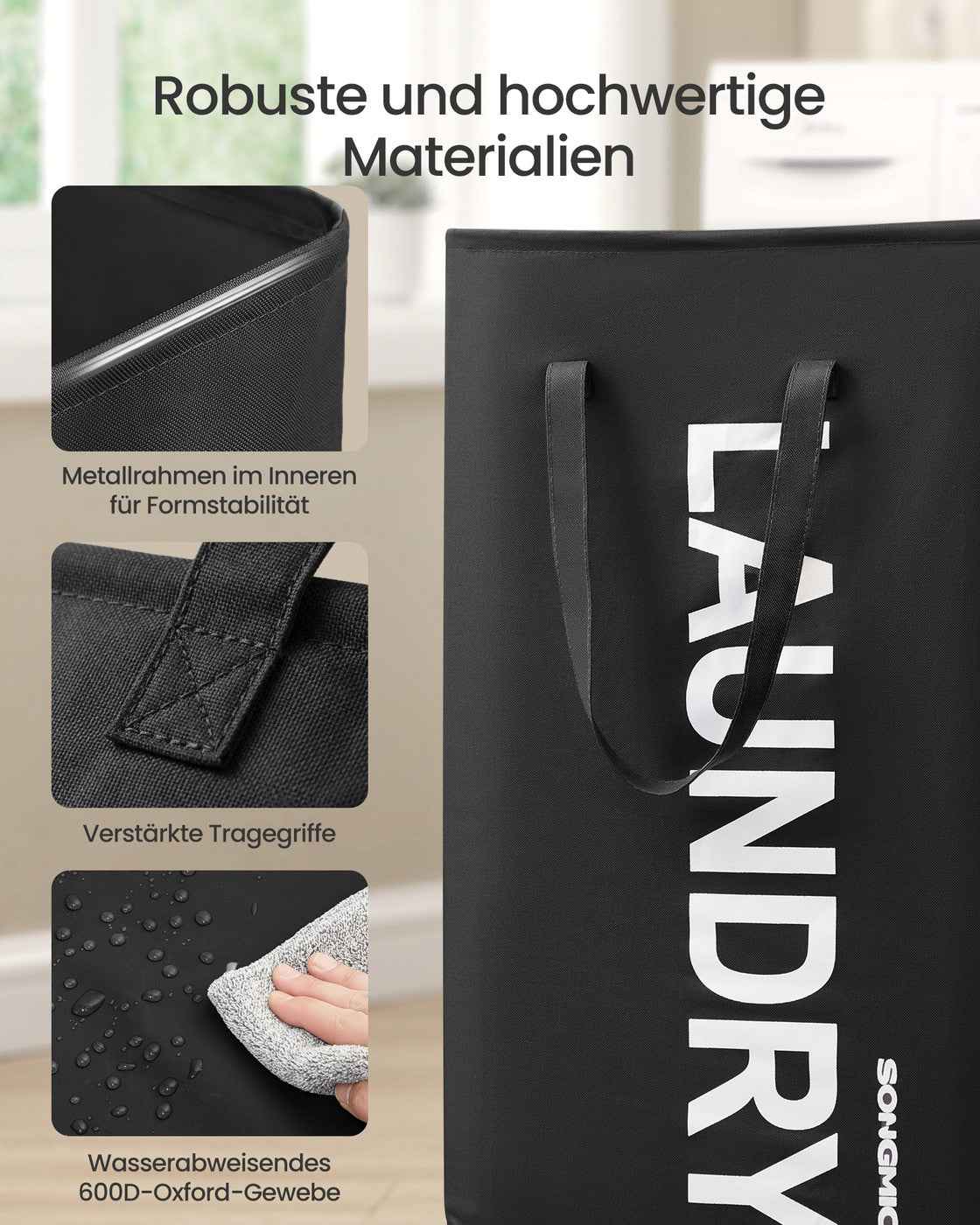 Wasmand - 40 x 30 x 68 cm - Opvouwbaar - Met handvat - Waterafstotend - Inktzwart - Maximaal 20 kg