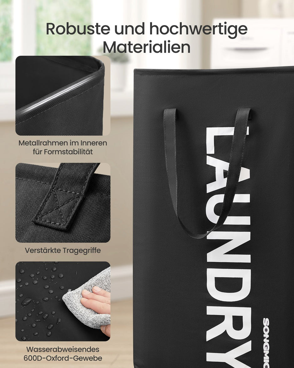 Wasmand - 40 x 30 x 68 cm - Opvouwbaar - Met handvat - Waterafstotend - Inktzwart - Maximaal 20 kg