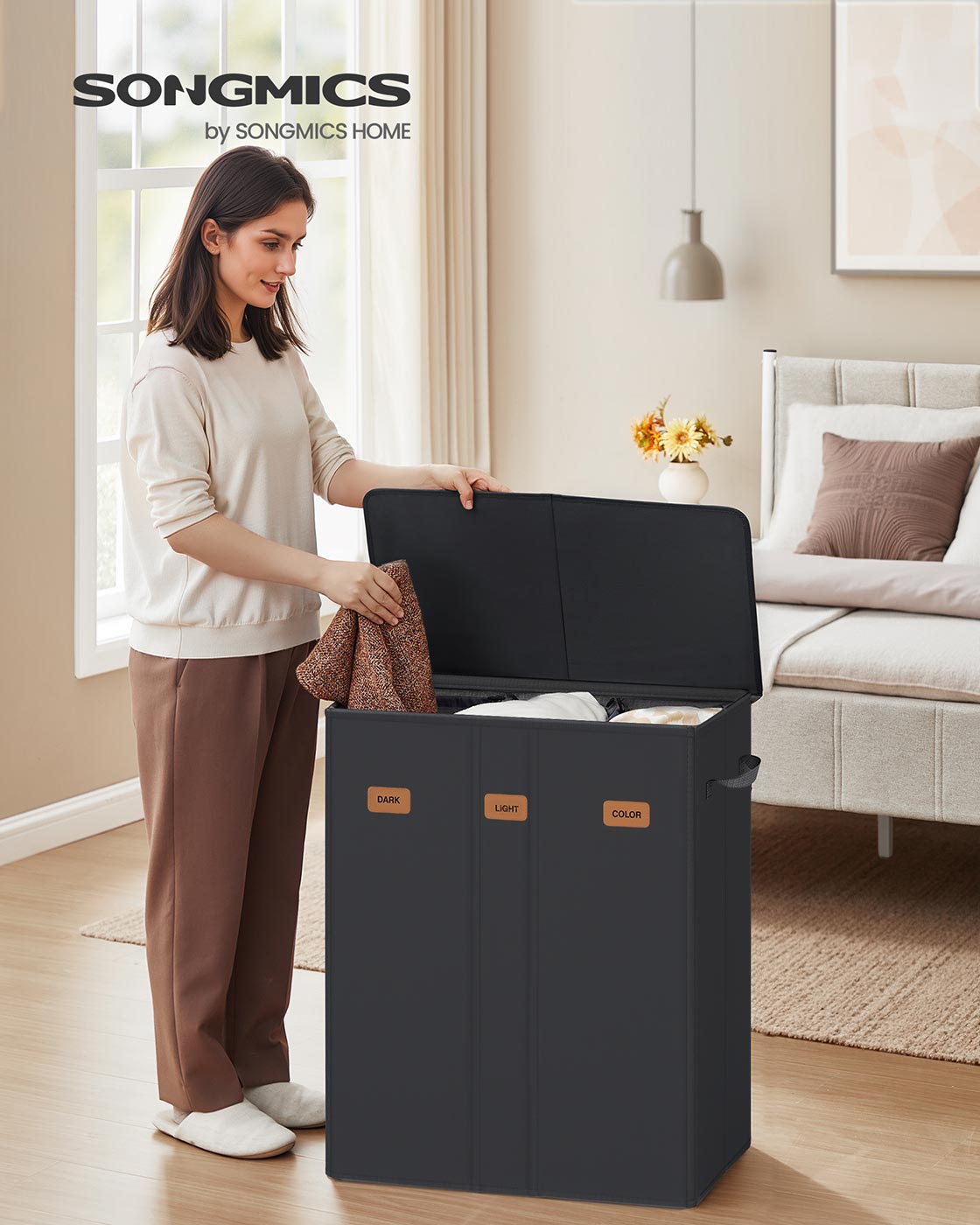 Wasmand – 3 compartimenten met deksel – wasbare binnenzak – Ink Black