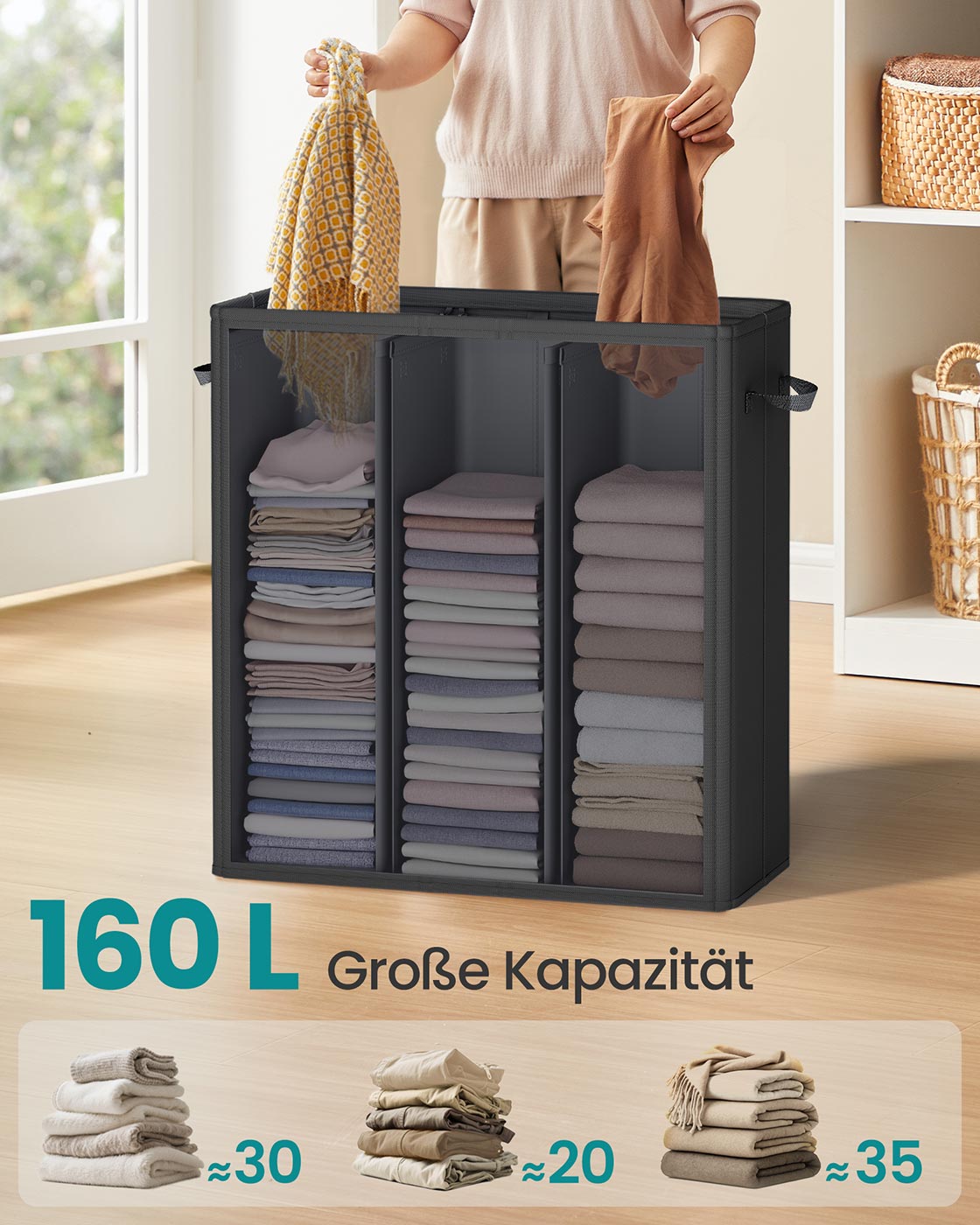 Wasmand – 3 compartimenten met deksel – wasbare binnenzak – Ink Black