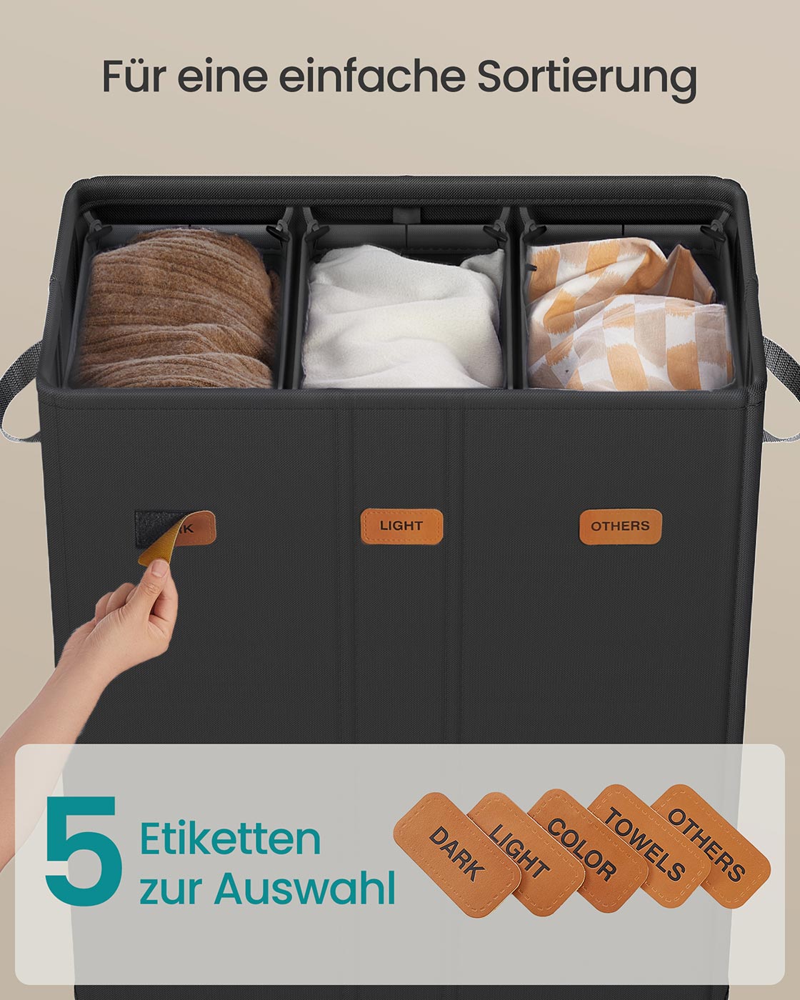 Wasmand – 3 compartimenten met deksel – wasbare binnenzak – Ink Black