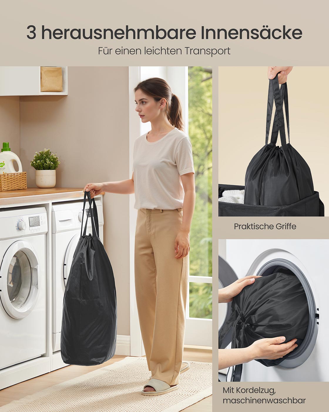 Wasmand – 3 compartimenten met deksel – wasbare binnenzak – Ink Black