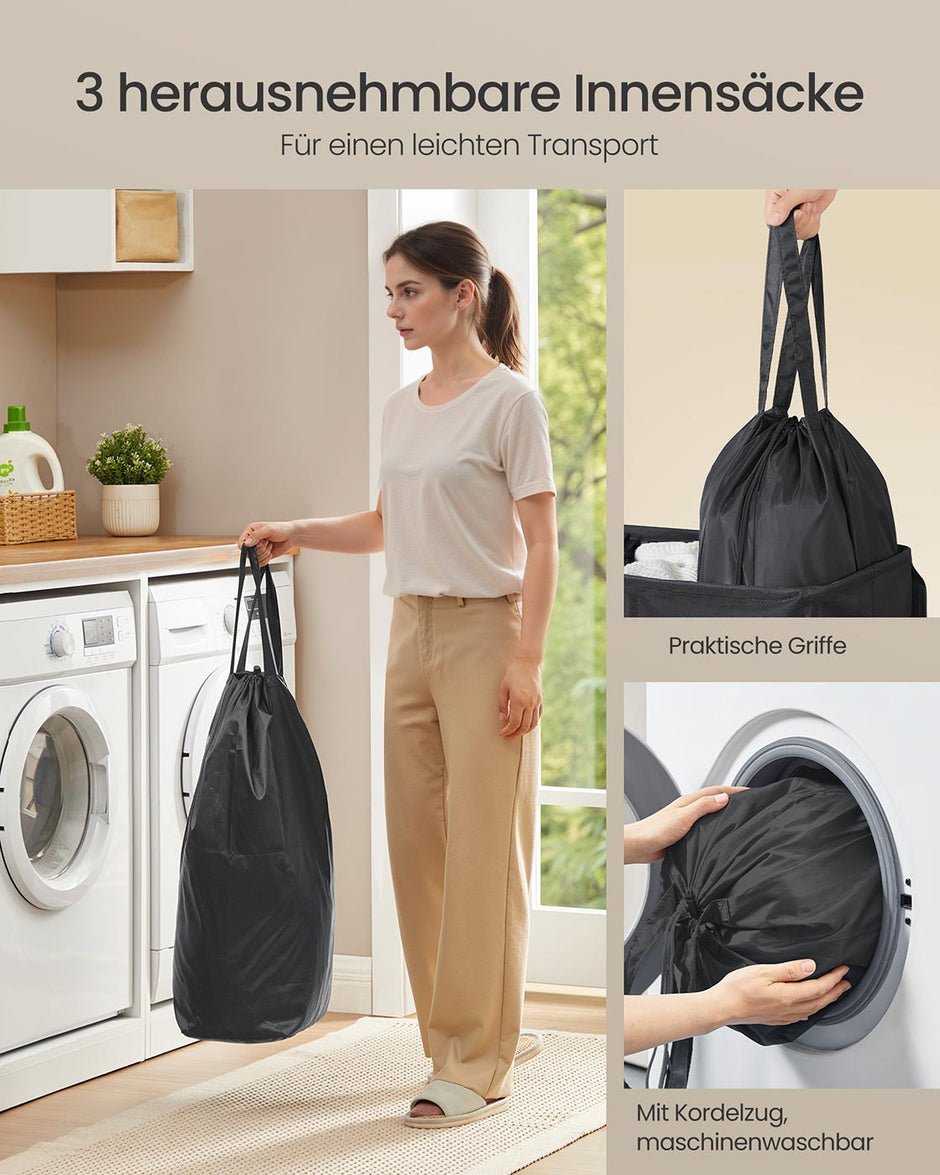 Wasmand met 3 compartimenten – Met deksel – Met uitneembare binnenzak