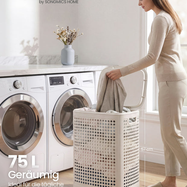 Wasmand - Met Deksel - 75 Liter - Smal - Cappuccinobeige