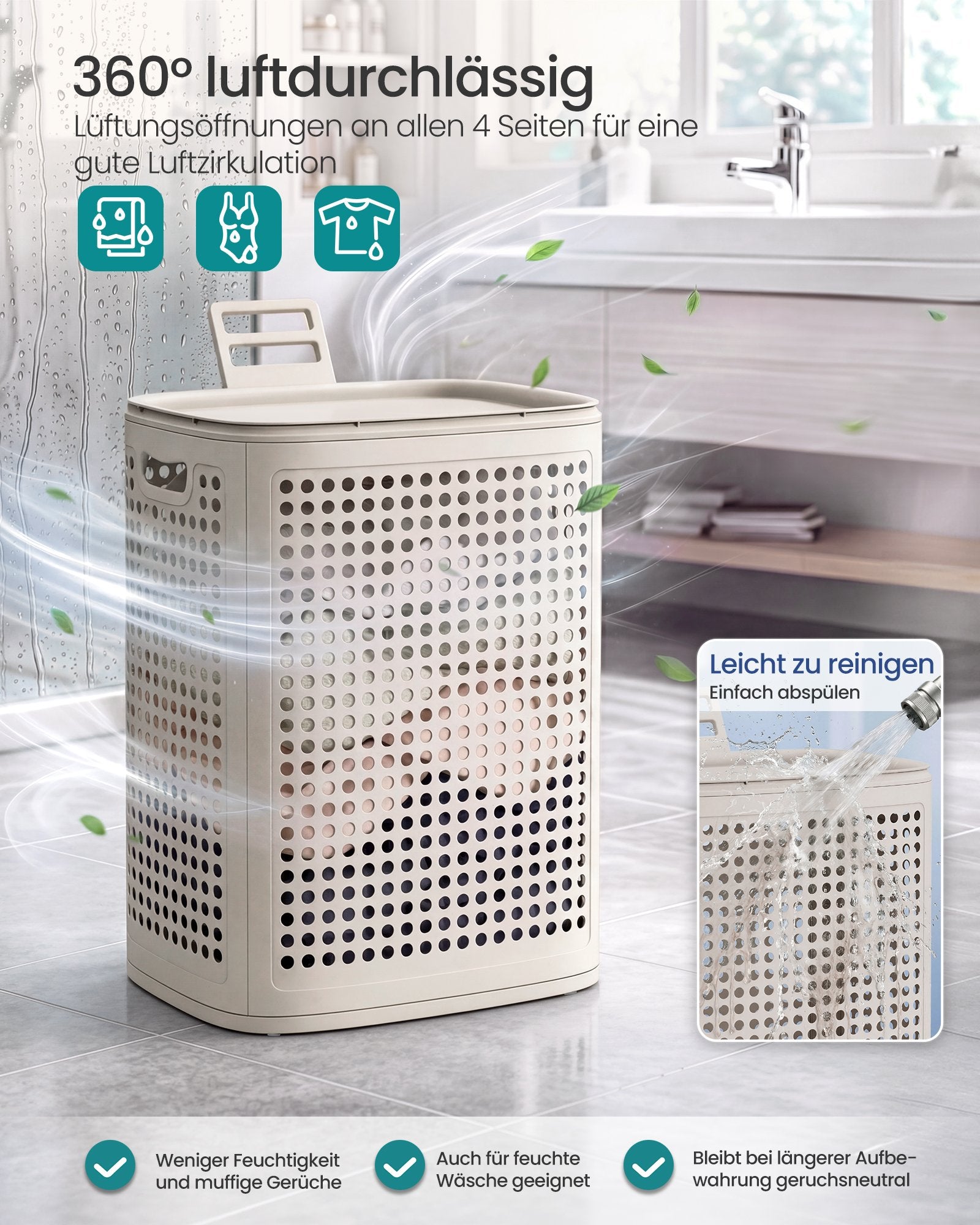 Wasmand - Met Deksel - 75 Liter - Smal - Cappuccinobeige