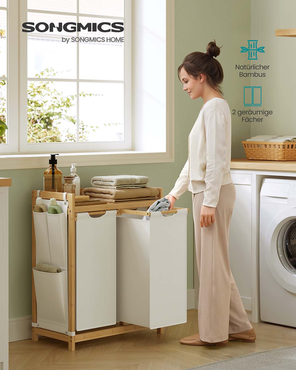 Wasmand met 2 compartimenten – 100L – Uitneembare tas – Bamboe ontwerp