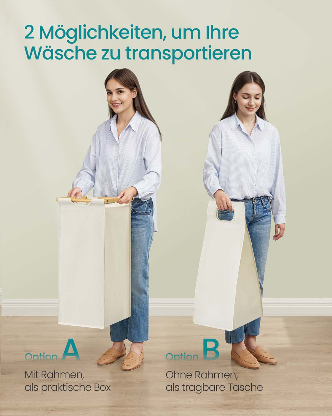 Wasmand met 2 compartimenten – 100L – Uitneembare tas – Bamboe ontwerp