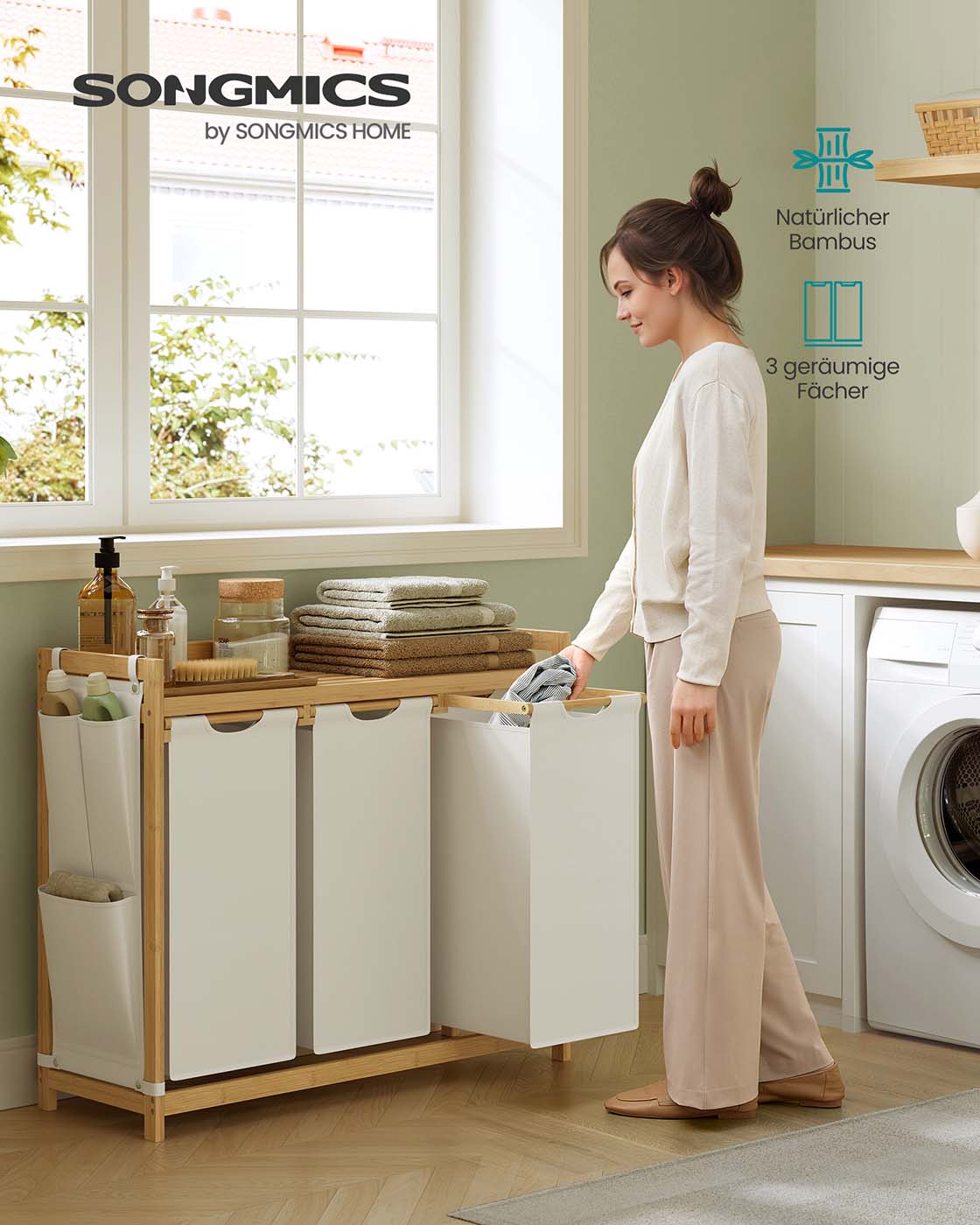 Wasmand met 3 compartimenten – 150L capaciteit – Bamboe materiaal – Uittrekbare voeringen