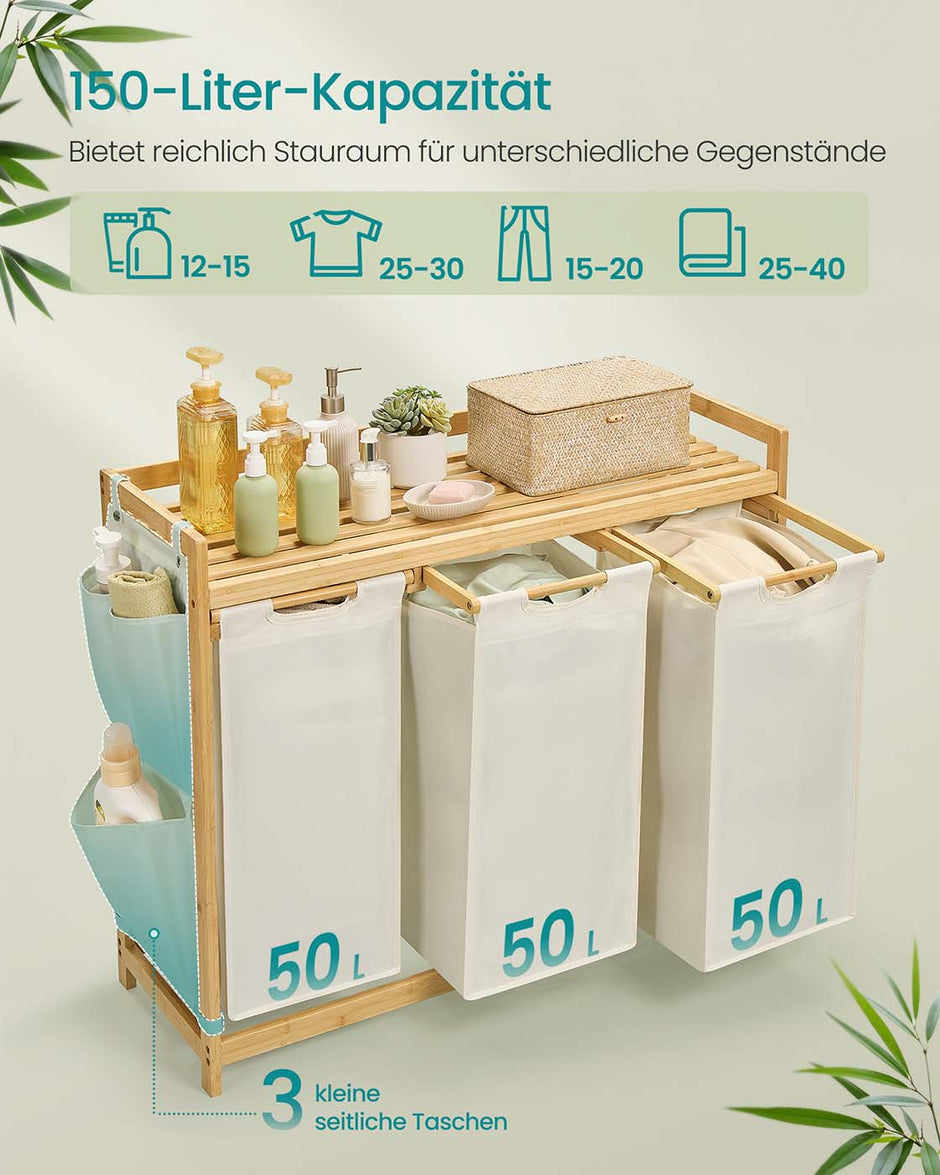 Wasmand met 3 compartimenten – 150L capaciteit – Bamboe materiaal – Uittrekbare voeringen