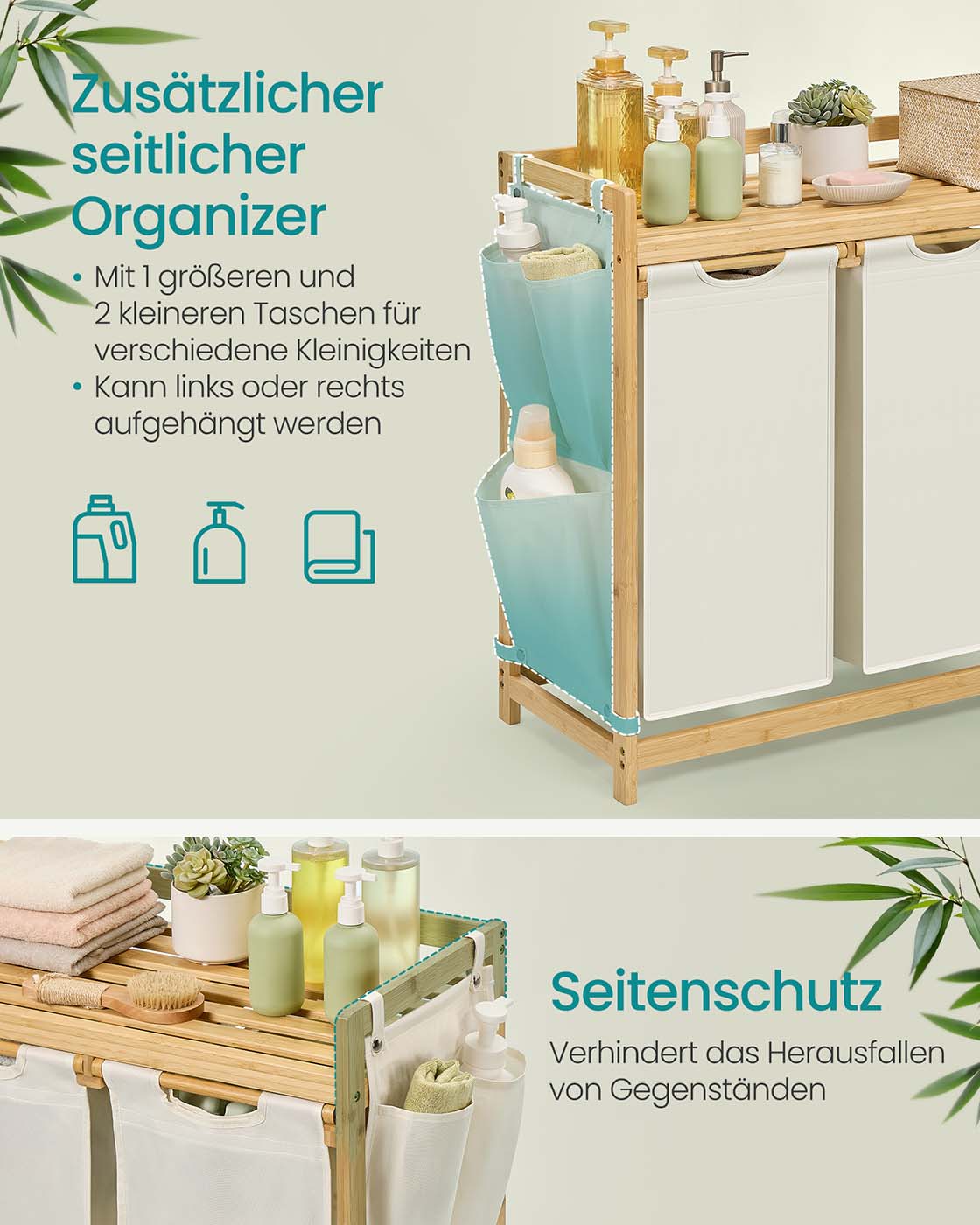 Wasmand met 3 compartimenten – 150L capaciteit – Bamboe materiaal – Uittrekbare voeringen