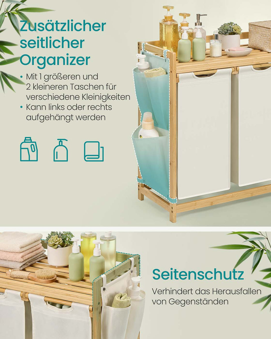 Wasmand met 3 compartimenten – 150L capaciteit – Bamboe materiaal – Uittrekbare voeringen