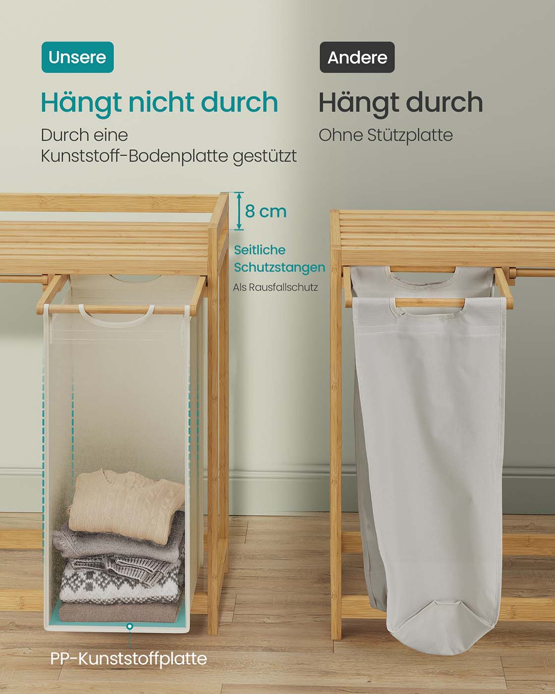 Wasmand met 3 compartimenten – 150L capaciteit – Bamboe materiaal – Uittrekbare voeringen