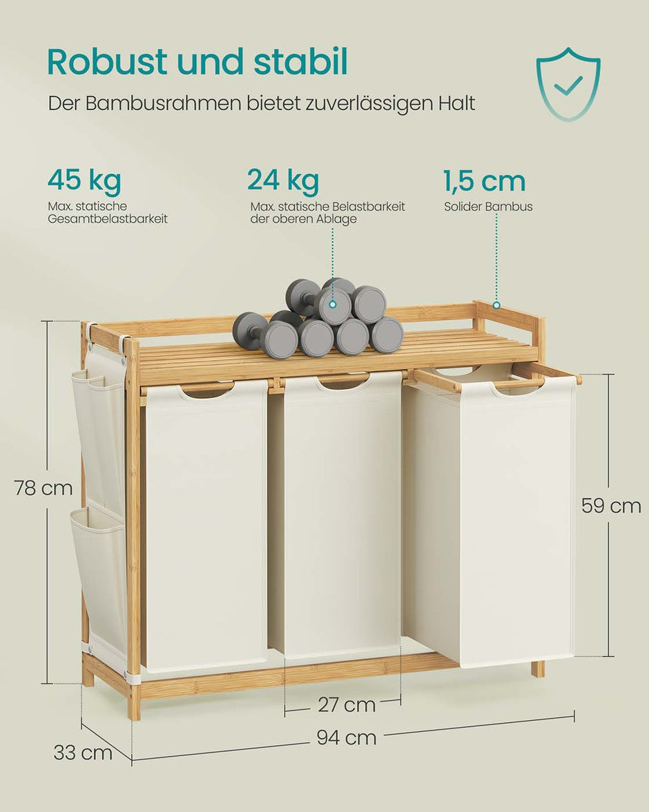 Wasmand met 3 compartimenten – 150L capaciteit – Bamboe materiaal – Uittrekbare voeringen