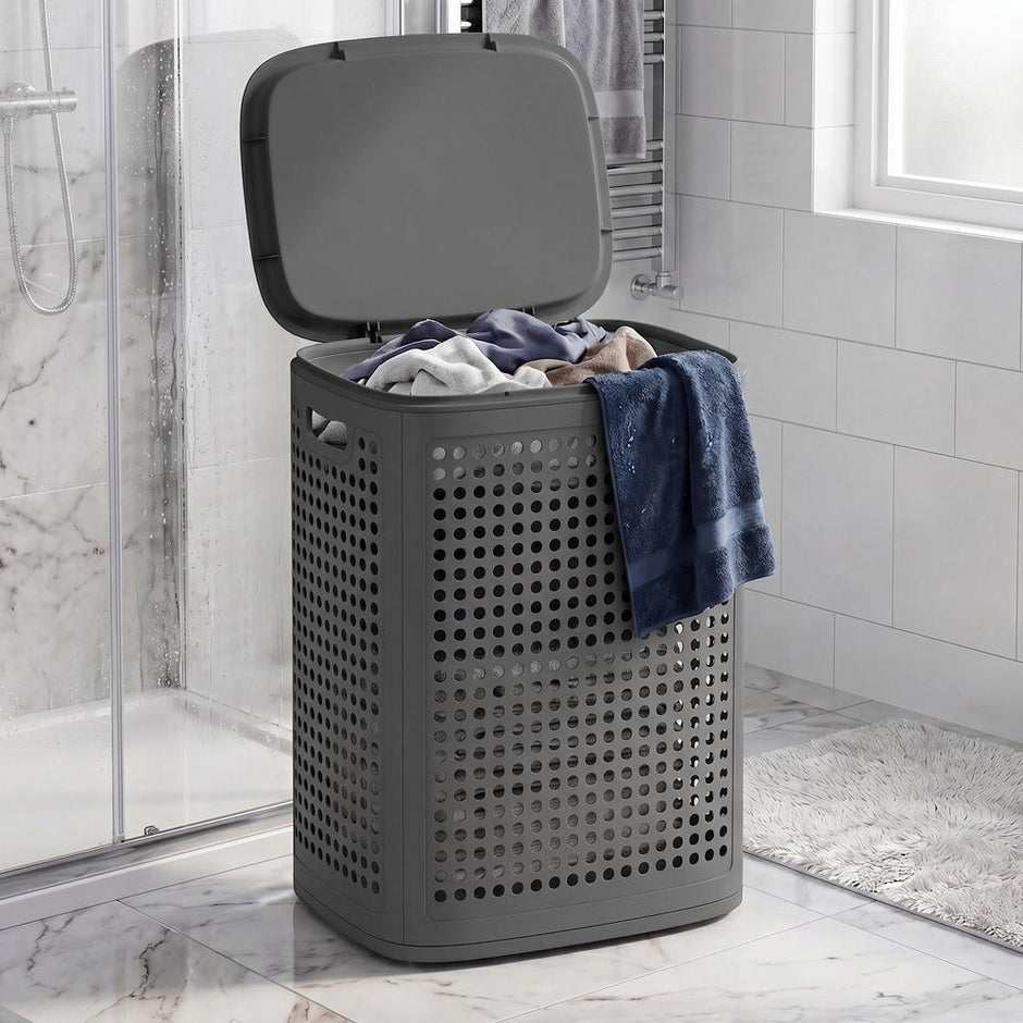 Wasmand - Met Deksel - 75 Liter - Smal - Donkergrijs
