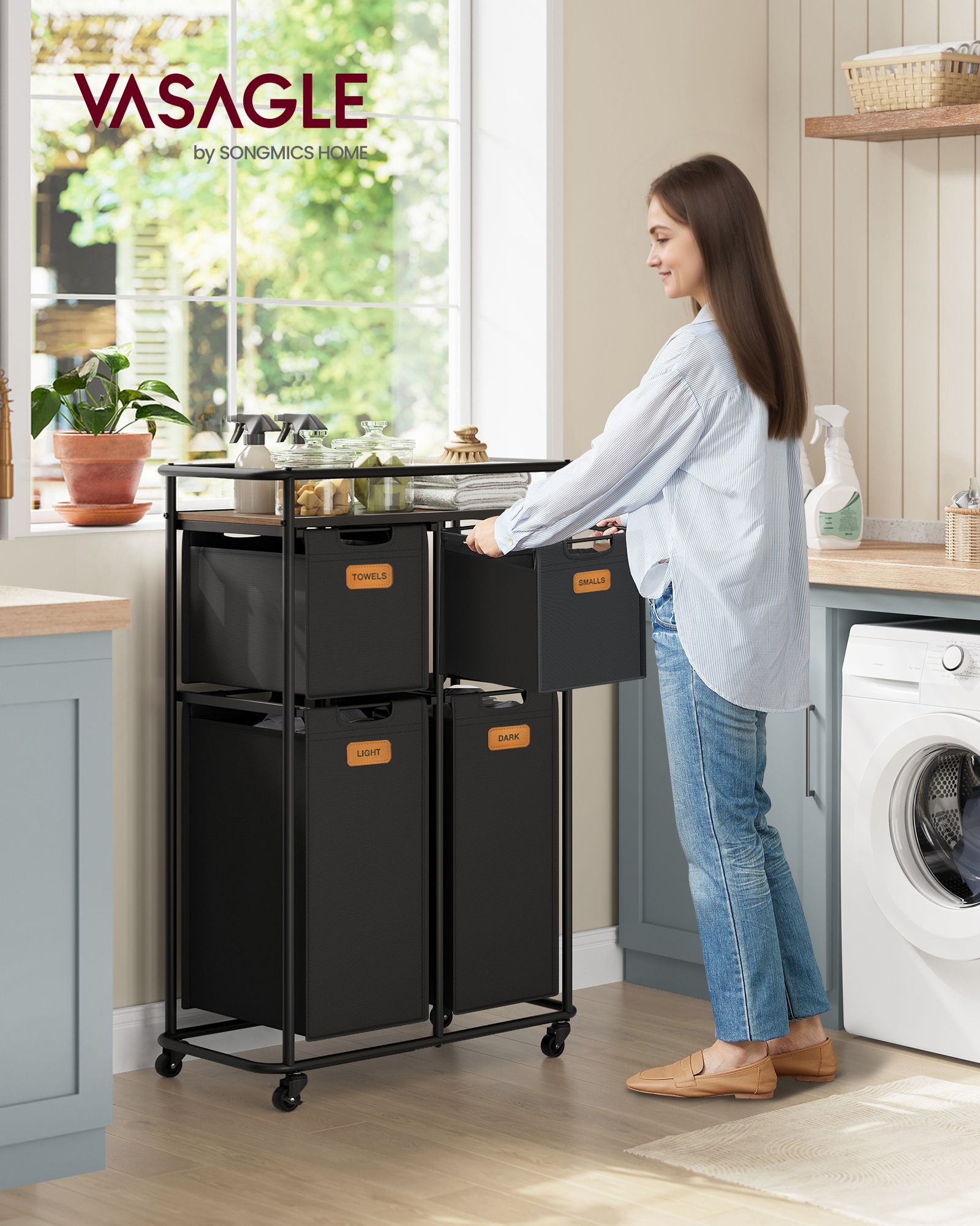 Wasmand met 4 uitneembare zakken – Met wielen – Maximaal draagvermogen 39 kg – Etiketten inbegrepen