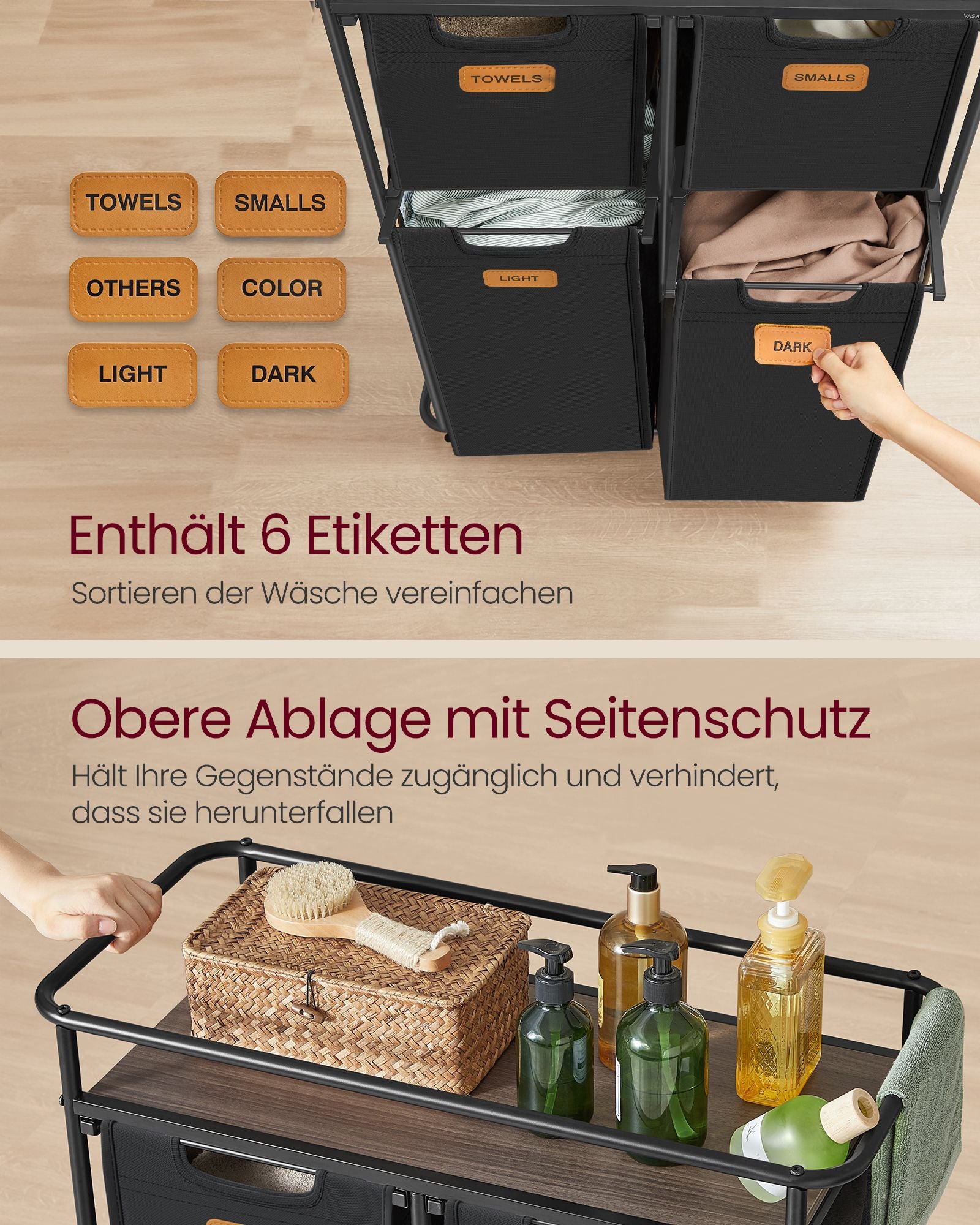 Wasmand met 4 uitneembare zakken – Met wielen – Maximaal draagvermogen 39 kg – Etiketten inbegrepen