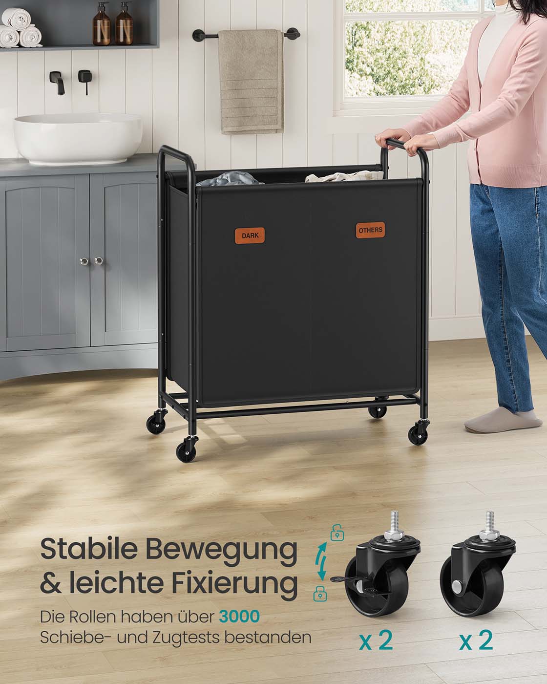 Wasmand met 2 vakken – 140L – Met wielen – Staal en Oxford-stof