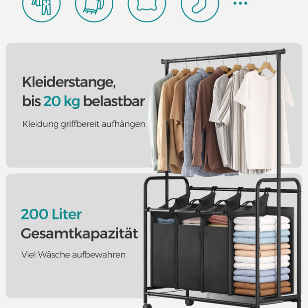 Wasmand – 4 x 50 liter – met uitneembare waszak – zwart