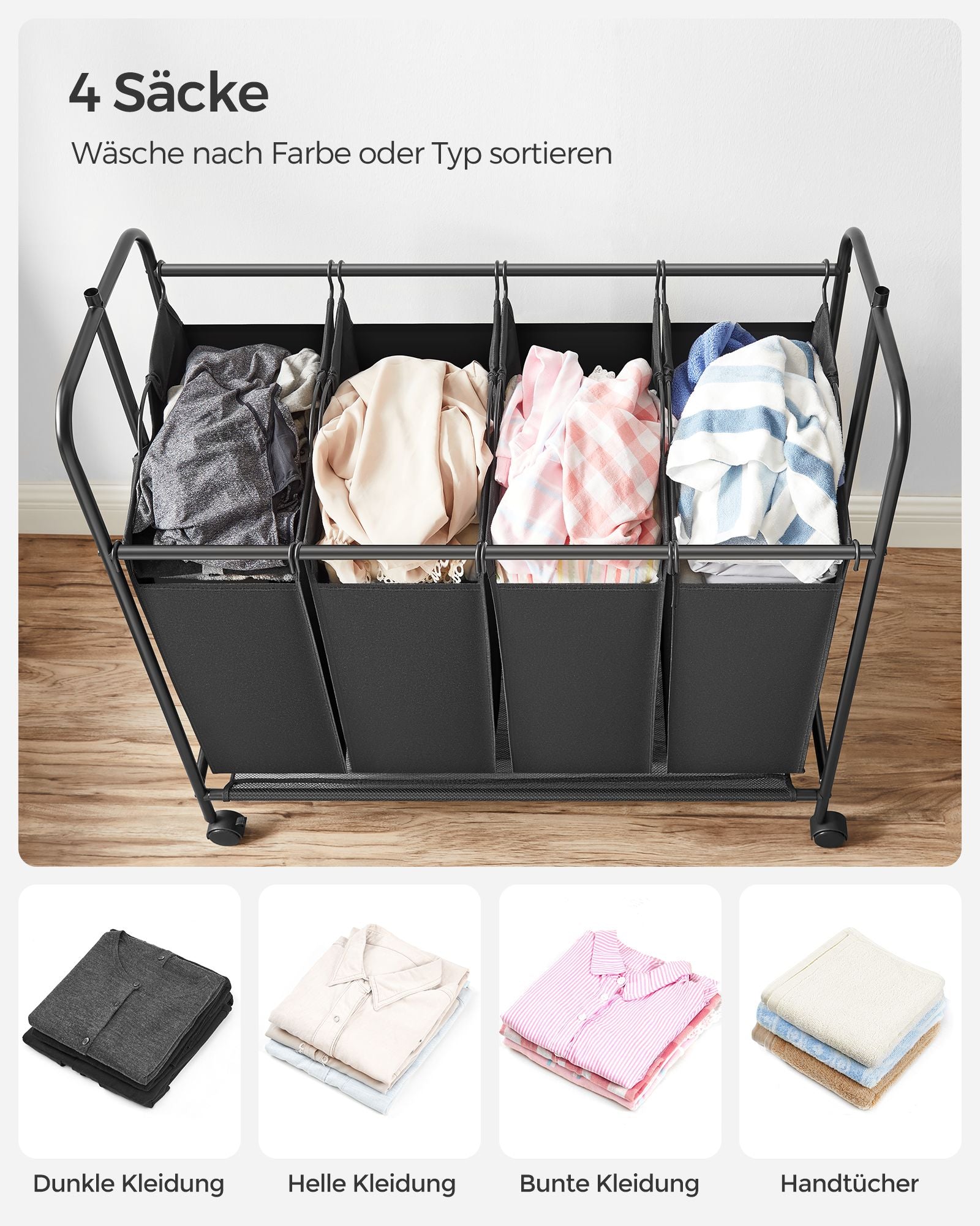 Wasmand – 4 x 50 liter – met uitneembare waszak – zwart