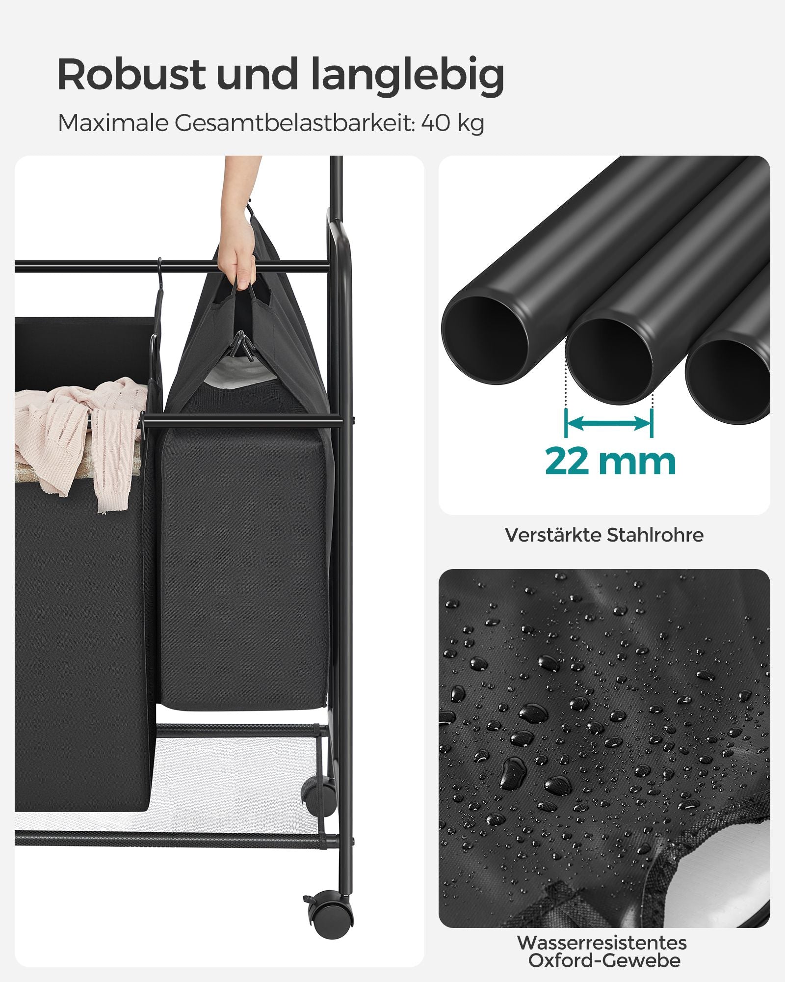 Wasmand – 4 x 50 liter – met uitneembare waszak – zwart