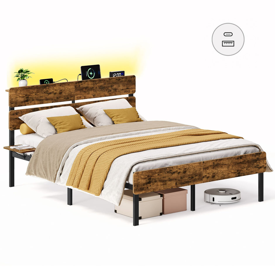 Bedframe 140 x 200 cm – LED-Verlichting en USB-Aansluitingen – Opbergruimte – Metaal – Vintage Bruin en Zwart