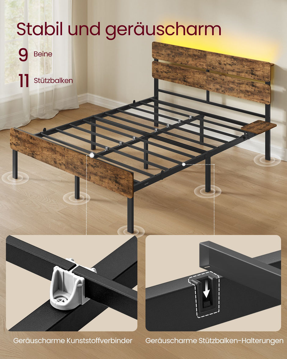 Bedframe 140 x 200 cm – LED-Verlichting en USB-Aansluitingen – Opbergruimte – Metaal – Vintage Bruin en Zwart