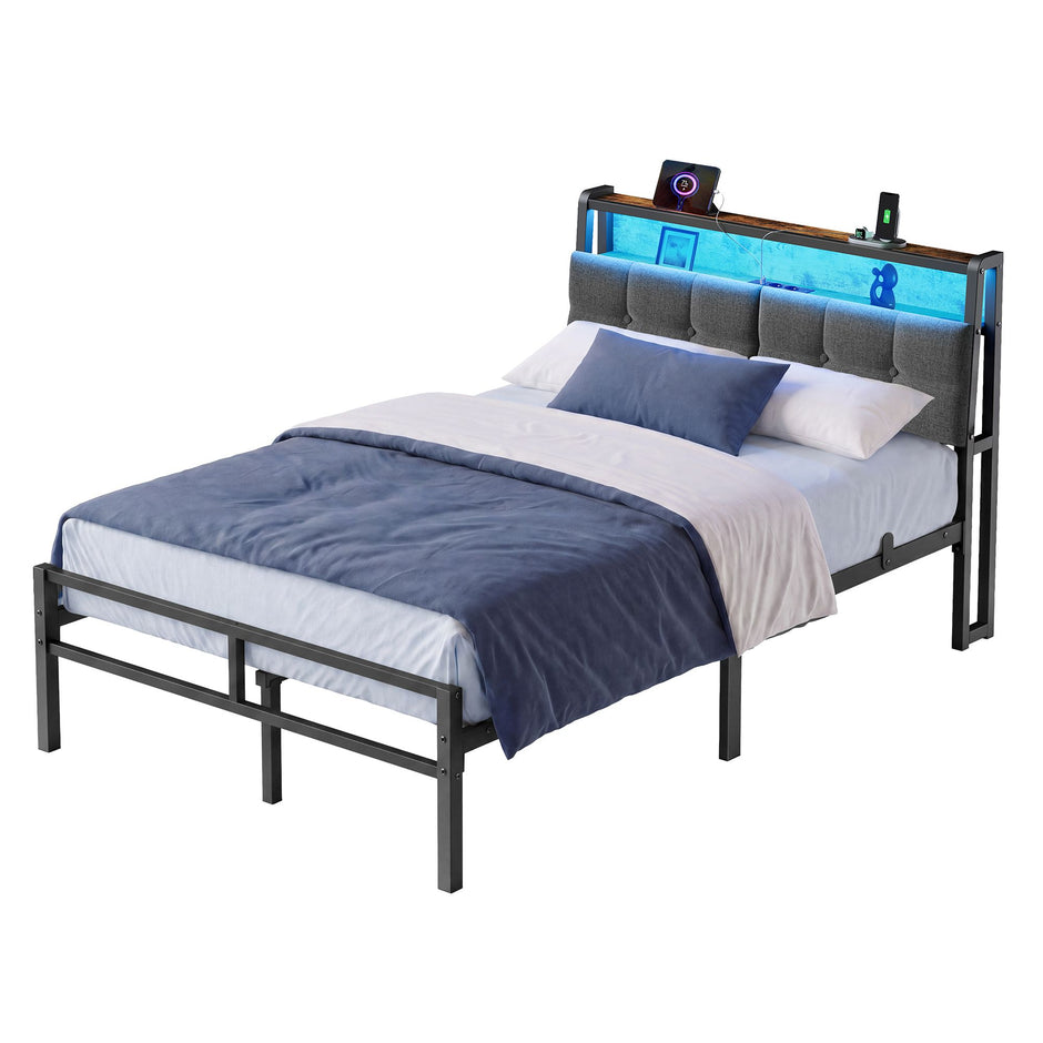 Metalen Bed - 120 x 200 cm - Met Opbergruimte - Ledverlichting - Matzwart