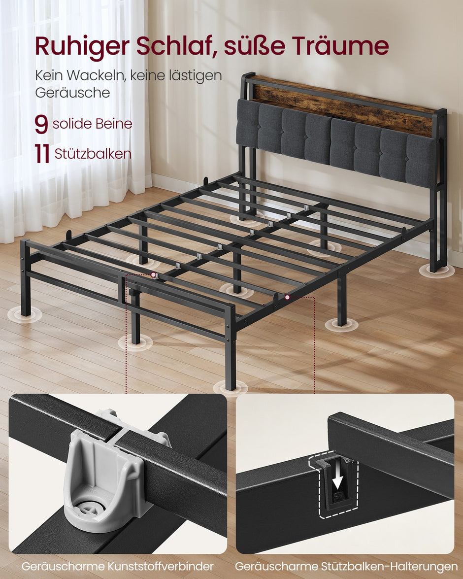 Metalen Bed - 140 x 200 cm - Met Opbergruimte - Ledverlichting - Matzwart