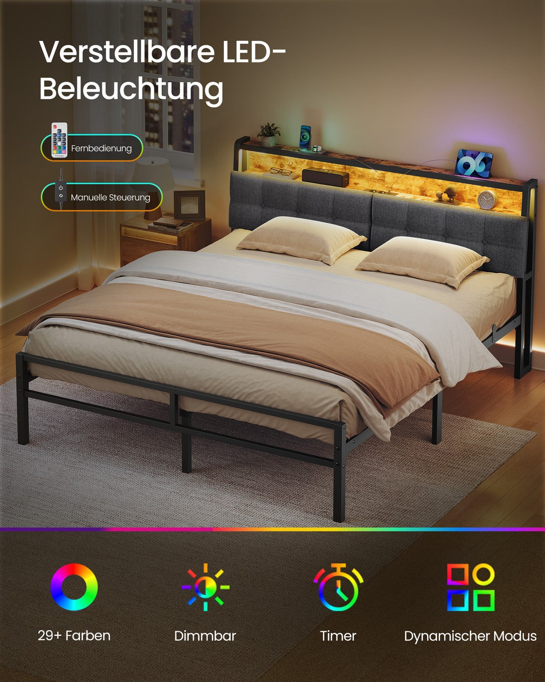 Metalen Bed - 160 x 200 cm - Met Opbergruimte - Ledverlichting - Matzwart