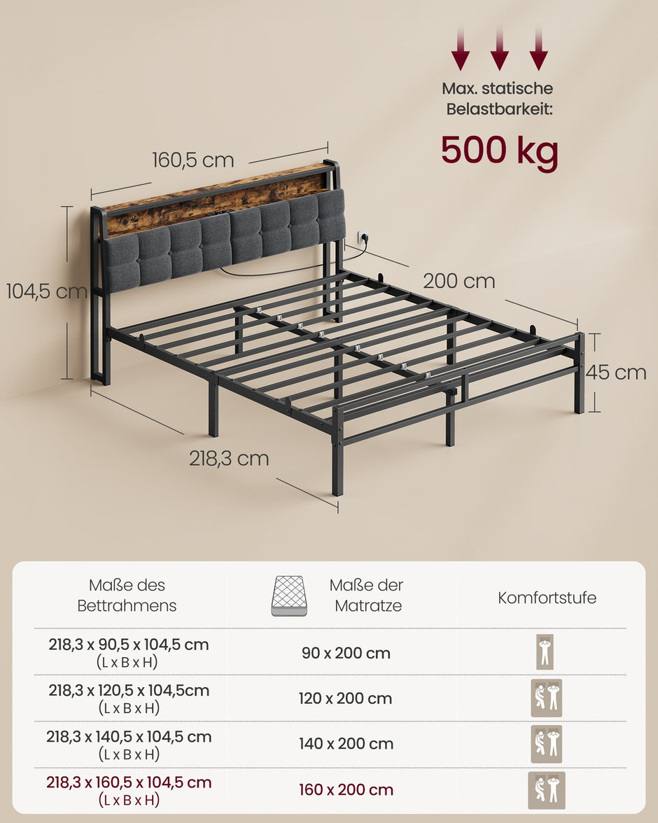 Metalen Bed - 160 x 200 cm - Met Opbergruimte - Ledverlichting - Matzwart