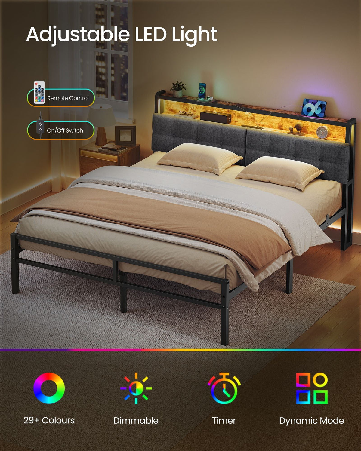 Bed Frame - Metal with LED and Charging Station