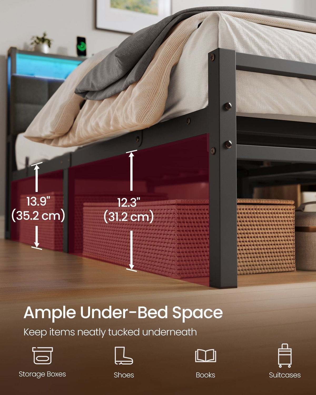 Bed Frame - Metal with LED and Charging Station