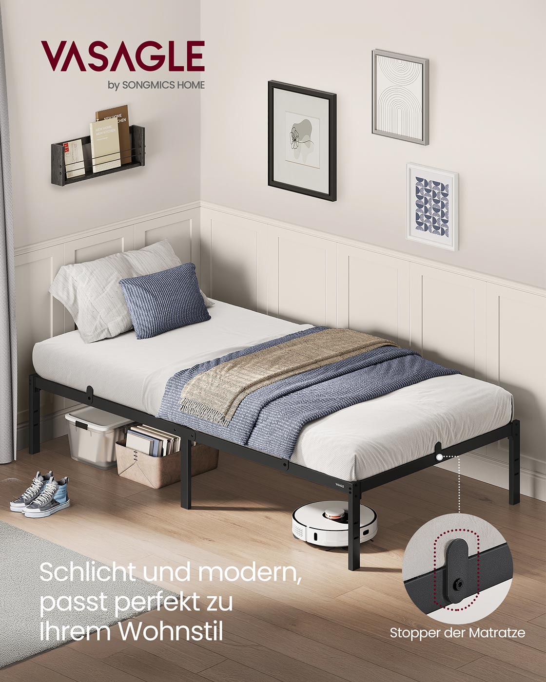 Eenpersoonsbedframe – Modern ontwerp – Staal – Inktzwart