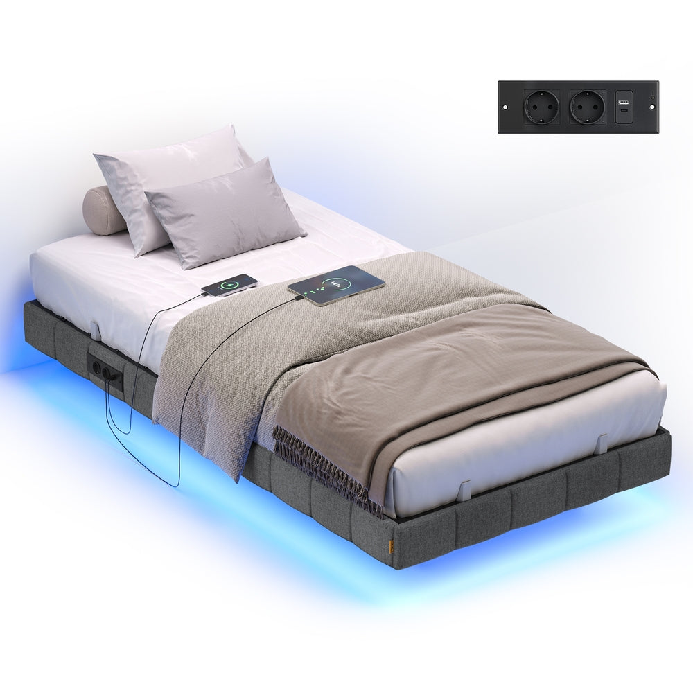 Bedframe - 200 x 90 x 26 cm - zwevend effect - leigrijs - draagvermogen tot 250 kg - met ledverlichting, 2 stopcontacten, 2 USB-A-poorten, 1 USB-C-poort