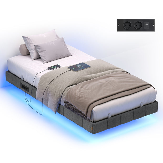 Bedframe - 200 x 90 x 26 cm - zwevend effect - leigrijs - draagvermogen tot 250 kg - met ledverlichting, 2 stopcontacten, 2 USB-A-poorten, 1 USB-C-poort