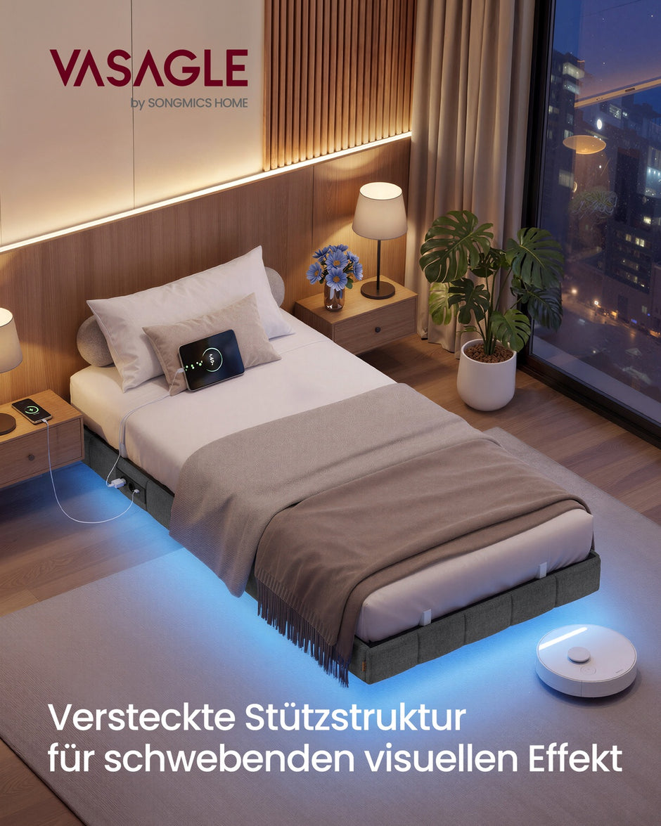 Bedframe - 200 x 90 x 26 cm - zwevend effect - leigrijs - draagvermogen tot 250 kg - met ledverlichting, 2 stopcontacten, 2 USB-A-poorten, 1 USB-C-poort
