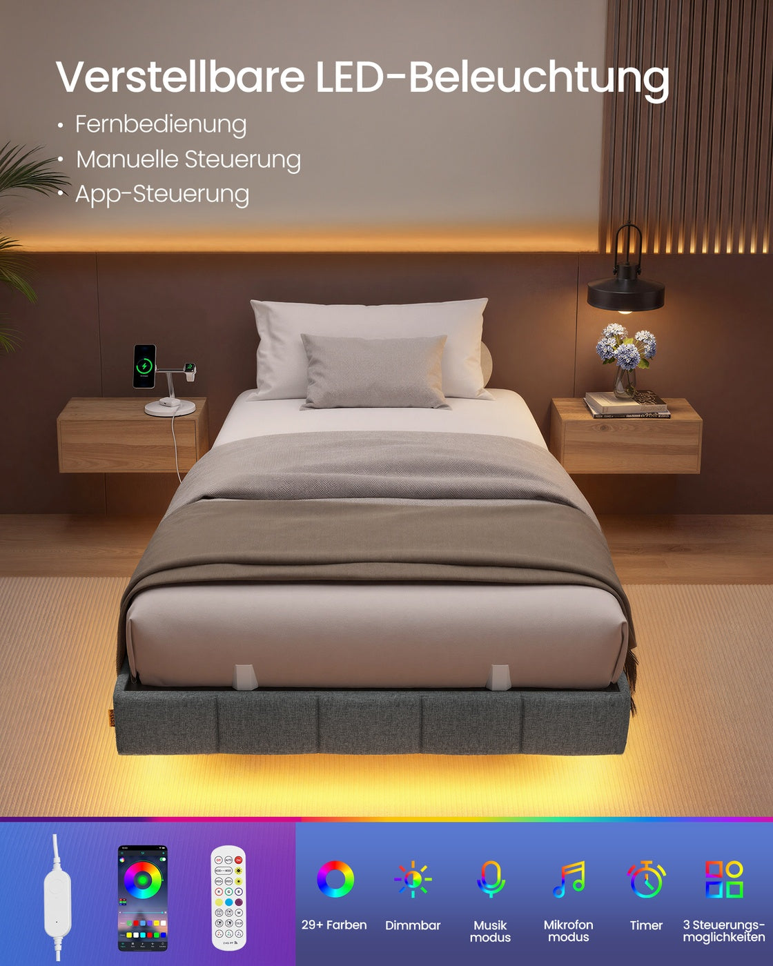 Bedframe - 200 x 90 x 26 cm - zwevend effect - leigrijs - draagvermogen tot 250 kg - met ledverlichting, 2 stopcontacten, 2 USB-A-poorten, 1 USB-C-poort