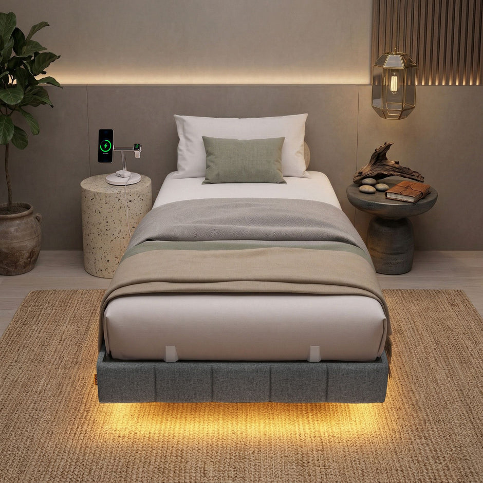 Bedframe - 90 x 200 cm - Met Ledverlichting - Gestoffeerd - Grijs