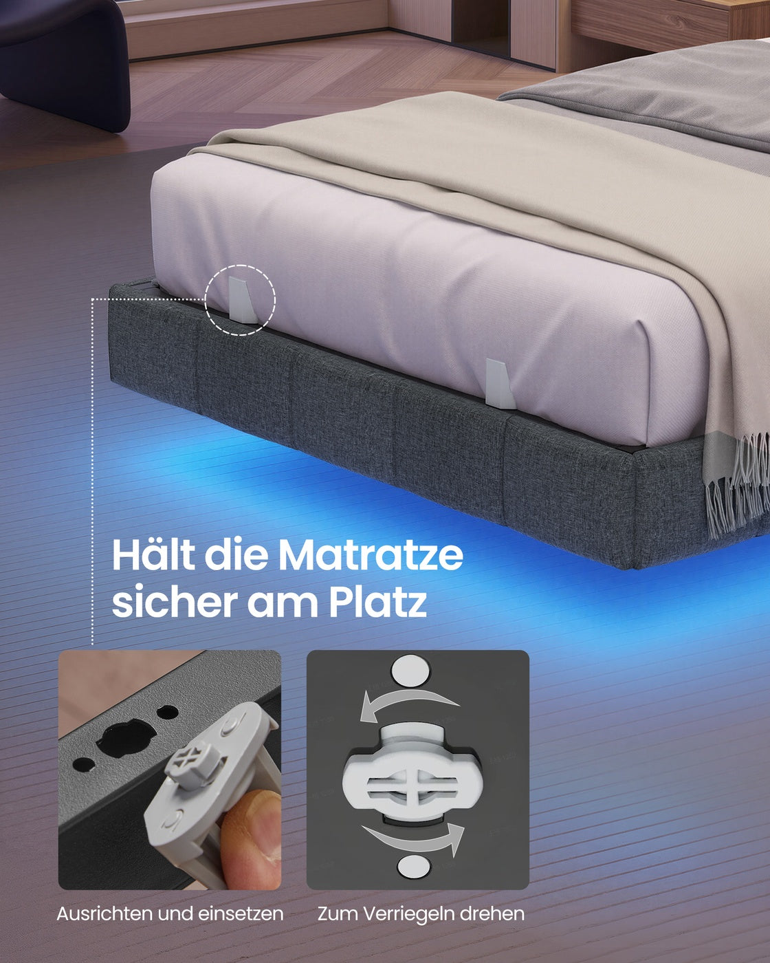 Bedframe - 200 x 90 x 26 cm - zwevend effect - leigrijs - draagvermogen tot 250 kg - met ledverlichting, 2 stopcontacten, 2 USB-A-poorten, 1 USB-C-poort
