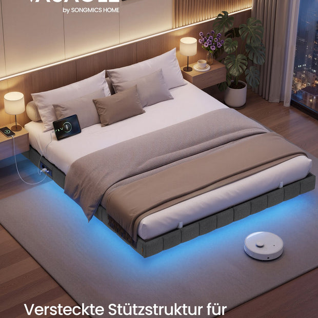 Bedframe - 200 x 160 x 26 cm - zwevend effect - ledverlichting - gestoffeerde zijpanelen - 2 stopcontacten - 2 USB-A-poorten - 1 USB-C-poort - leigrijs - draagvermogen tot 500 kg