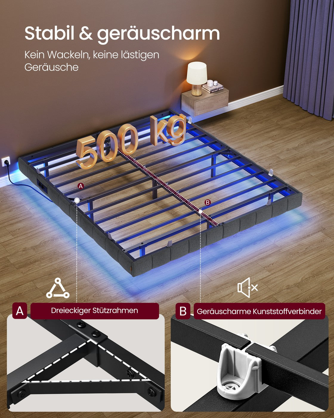 Bedframe - 200 x 160 x 26 cm - zwevend effect - ledverlichting - gestoffeerde zijpanelen - 2 stopcontacten - 2 USB-A-poorten - 1 USB-C-poort - leigrijs - draagvermogen tot 500 kg