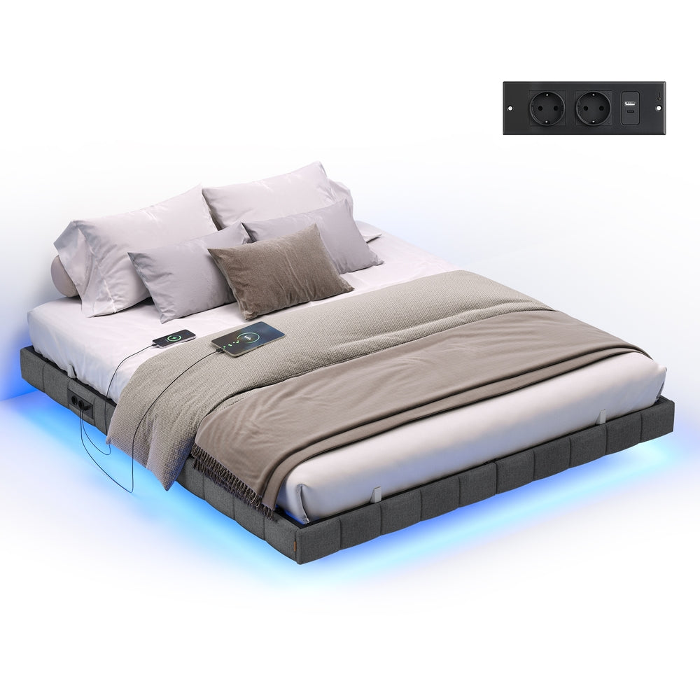 Bedframe - 180 x 200 cm - zwevend effect - ledverlichting - gestoffeerde zijpanelen - 2 stopcontacten - 2 USB-A-poorten - 1 USB-C-poort - leigrijs - maximale draagkracht 500 kg