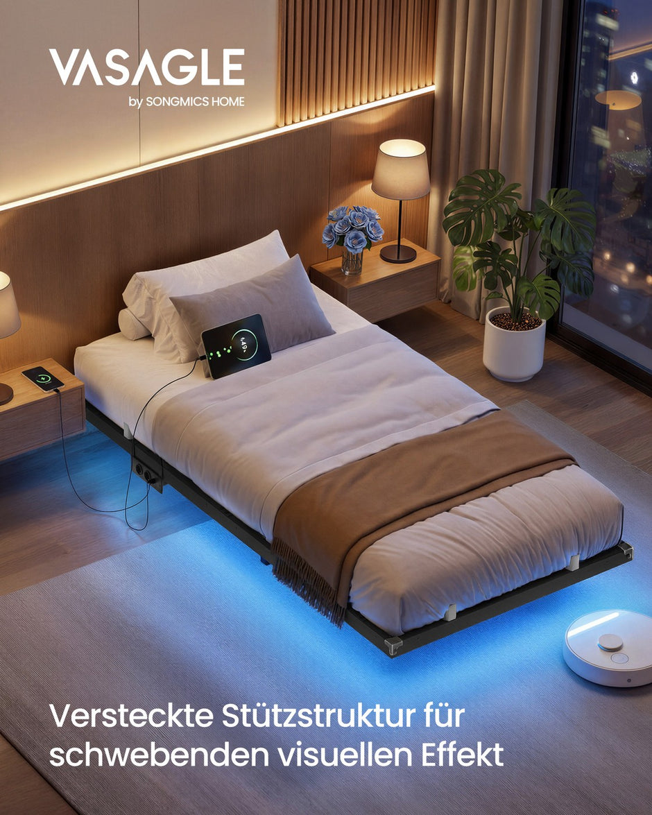 Bedframe - 200 x 90 x 26 cm - zwevend effect - ledverlichting - afneembaar stekkerblok - 2 stopcontacten - 1 USB-C-poort - 2 USB-A-poorten - inktzwart - maximaal draagvermogen 250 kg
