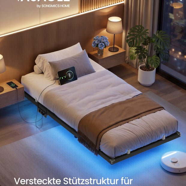 Bedframe - 200 x 90 x 26 cm - zwevend effect - ledverlichting - afneembaar stekkerblok - 2 stopcontacten - 1 USB-C-poort - 2 USB-A-poorten - inktzwart - maximaal draagvermogen 250 kg