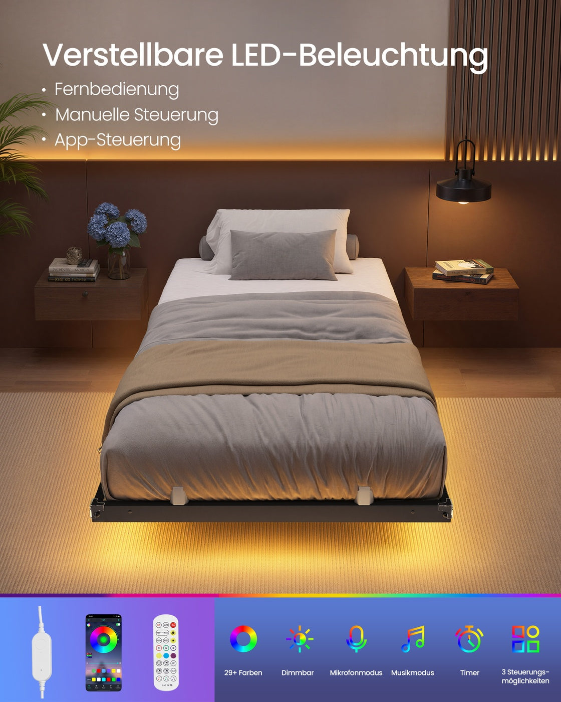 Bedframe - 200 x 90 x 26 cm - zwevend effect - ledverlichting - afneembaar stekkerblok - 2 stopcontacten - 1 USB-C-poort - 2 USB-A-poorten - inktzwart - maximaal draagvermogen 250 kg