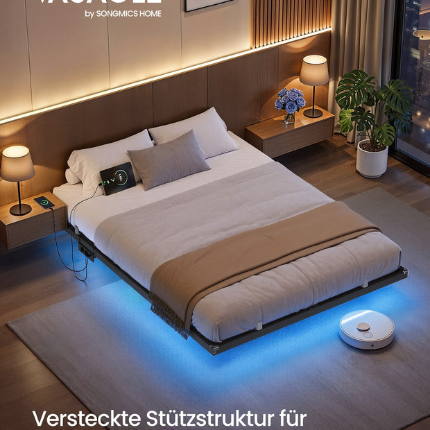 Bedframe - 200 x 140 x 26 cm - zwevend effect - ledverlichting - afneembare stekkerdoos met 2 stopcontacten, 1 USB-C-poort en 2 USB-A-poorten - maximaal draagvermogen 500 kg - inktzwart