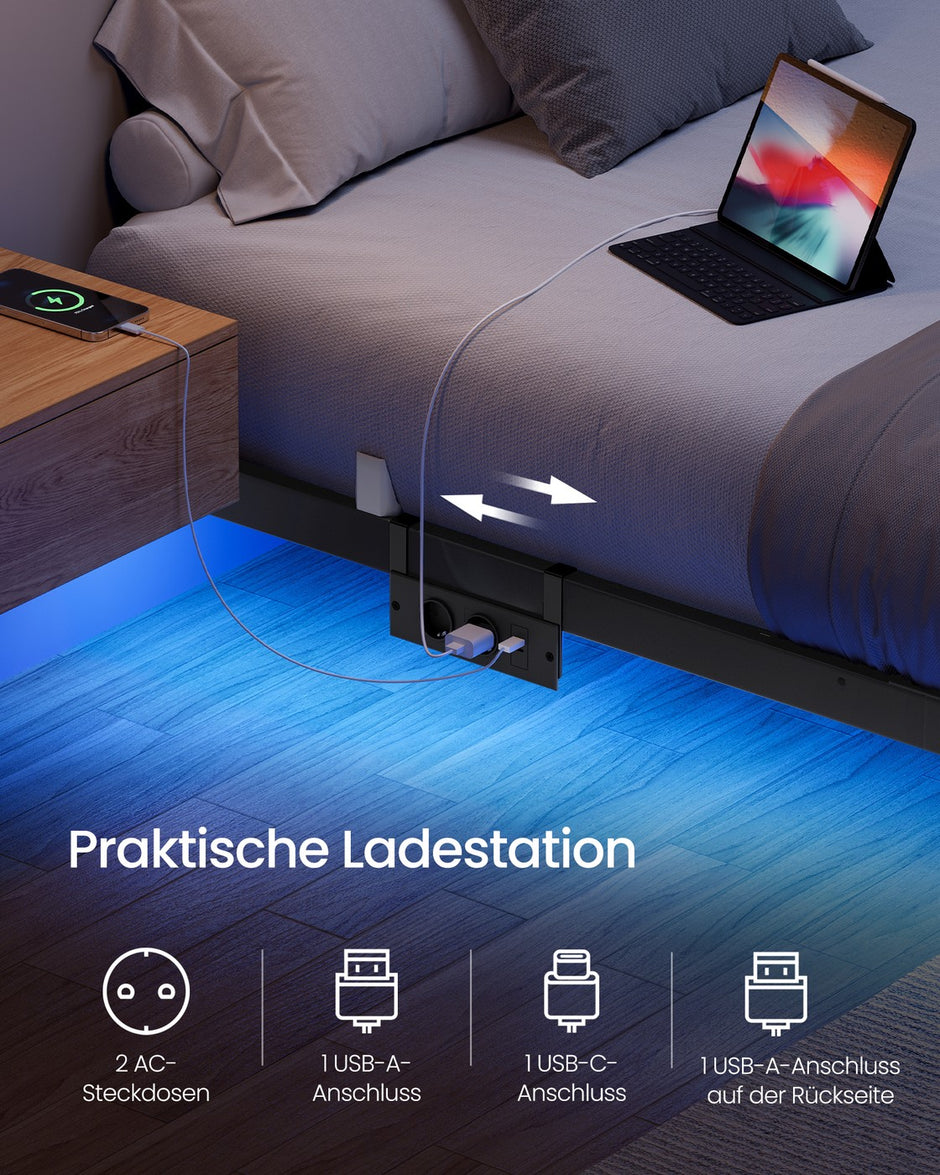 Bedframe - 200 x 140 x 26 cm - zwevend effect - ledverlichting - afneembare stekkerdoos met 2 stopcontacten, 1 USB-C-poort en 2 USB-A-poorten - maximaal draagvermogen 500 kg - inktzwart