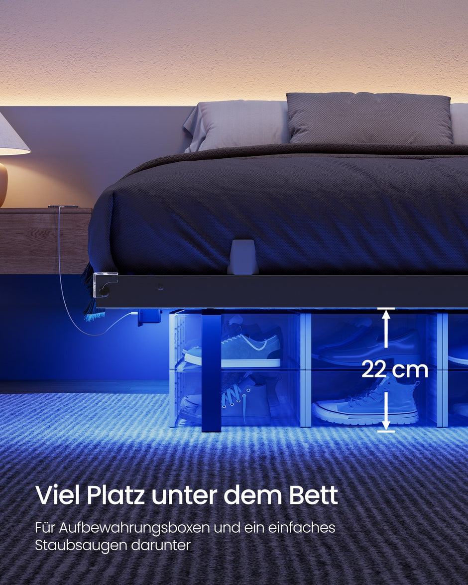 Bedframe - 200 x 140 x 26 cm - zwevend effect - ledverlichting - afneembare stekkerdoos met 2 stopcontacten, 1 USB-C-poort en 2 USB-A-poorten - maximaal draagvermogen 500 kg - inktzwart