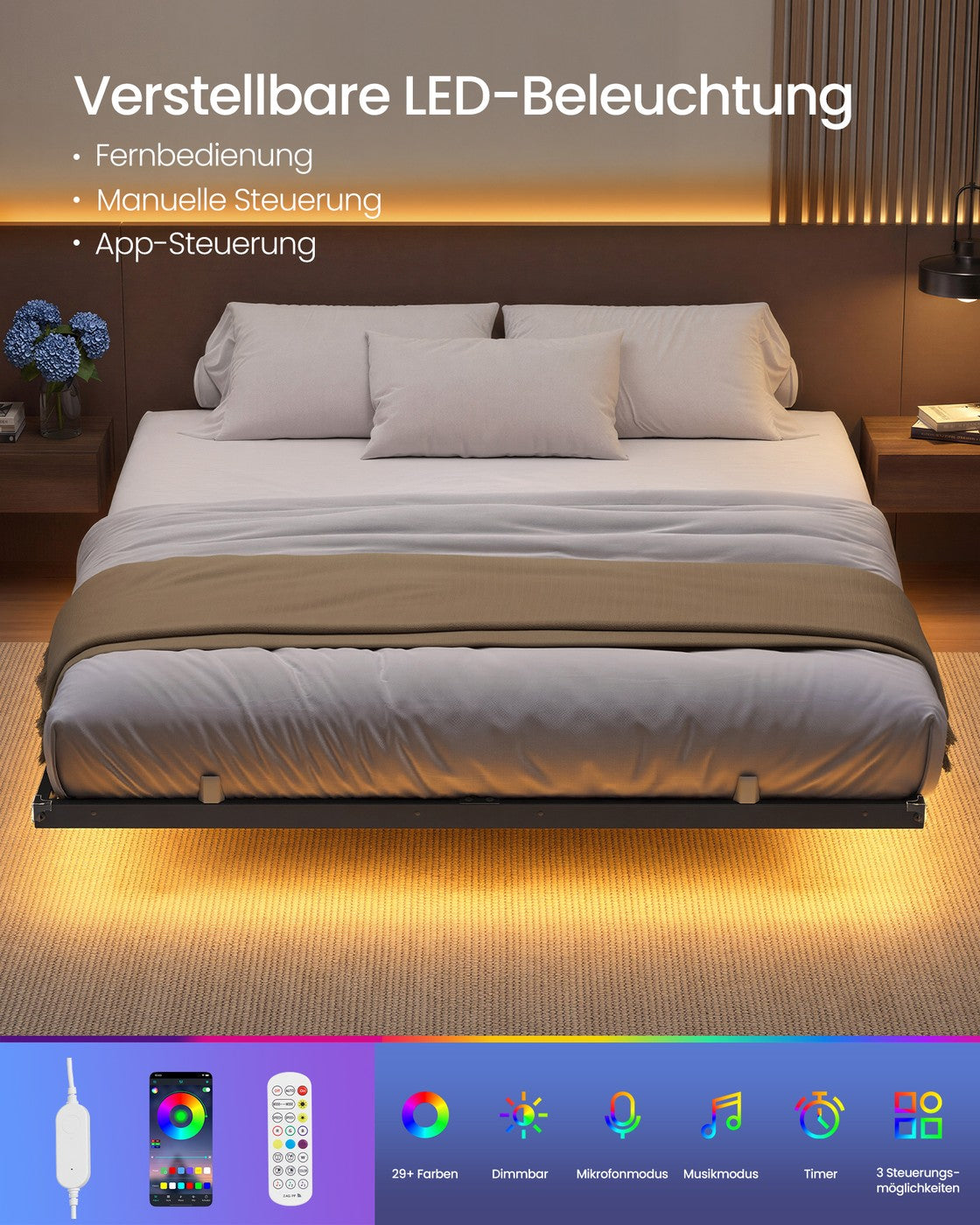 Bedframe - 160 x 200 cm - Zwevend effect - Ledverlichting - Afneembare stekkerdoos met 2 stopcontacten, 1 USB-C-poort en 2 USB-A-poorten - Inktzwart - Draagvermogen tot 500 kg