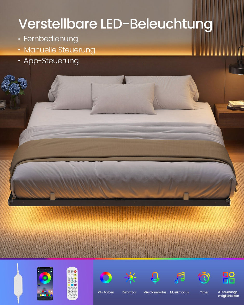 Bedframe - 160 x 200 cm - Zwevend effect - Ledverlichting - Afneembare stekkerdoos met 2 stopcontacten, 1 USB-C-poort en 2 USB-A-poorten - Inktzwart - Draagvermogen tot 500 kg